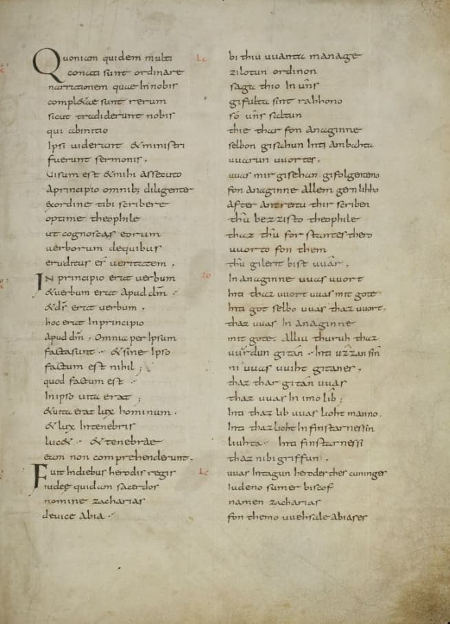 Two-column manuscript page of the Tatian gospel harmony with Latin text on the left and Old High German on the right in matching Caroline minuscule