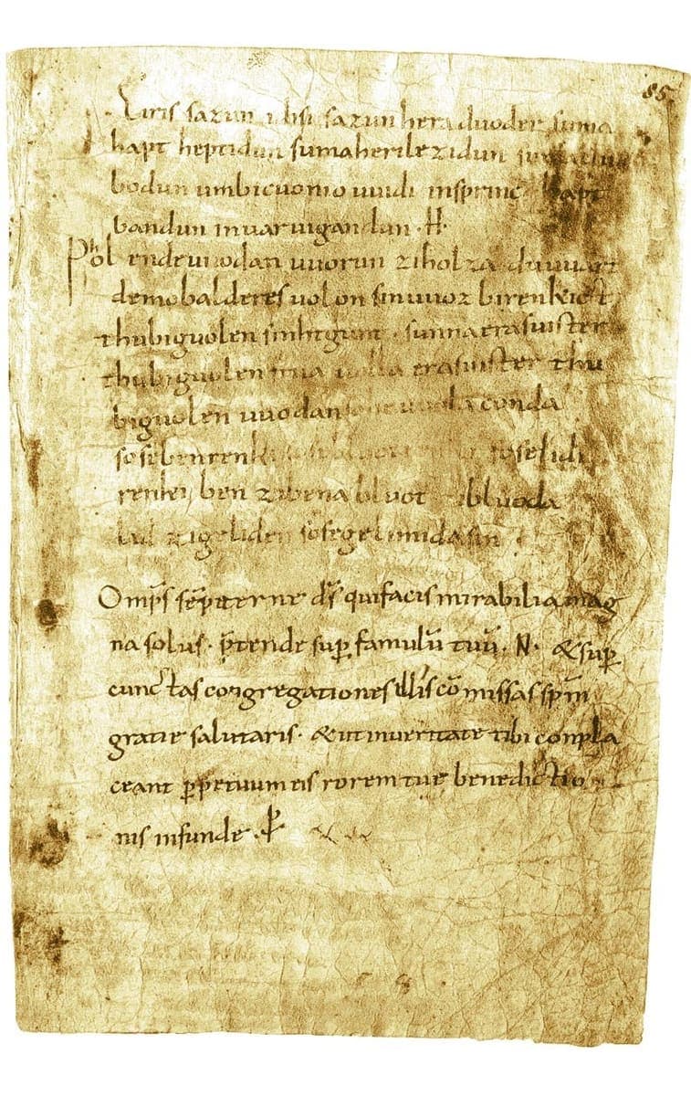Single manuscript page in brownish ink with two short blocks of Old High German charm text followed by a Latin liturgical blessing
