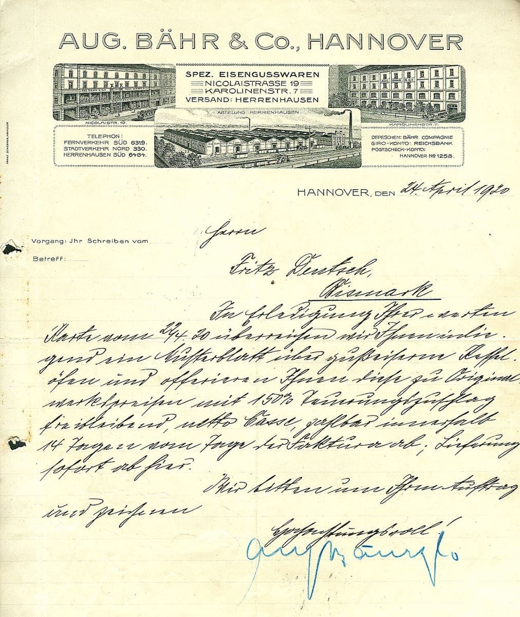 Printed commercial letterhead with engraved views of a factory and two shop buildings, below which a clerk has written the body of a letter in cursive German script