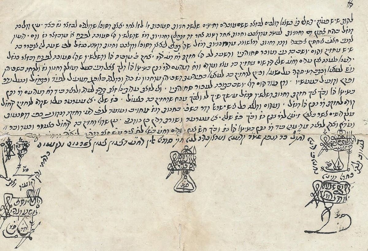 A worn sheet of paper closely written in a joined Hebrew cursive, with three large looped monogram signatures below the text