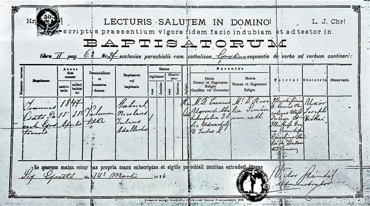 Printed Latin baptismal certificate form with handwritten entries recording a Hungarian family’s 1847 birth