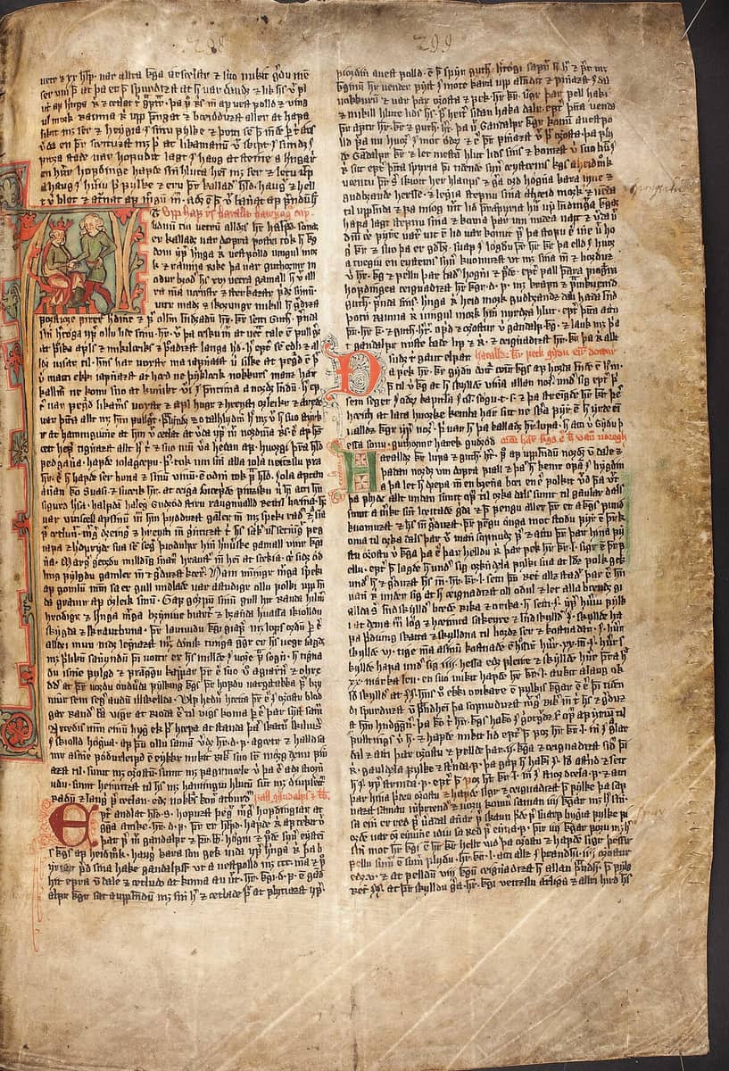 Two-column vellum page of the Flateyjarbók saga manuscript in dense Gothic minuscule, with red rubrics, a small miniature and three further coloured initials