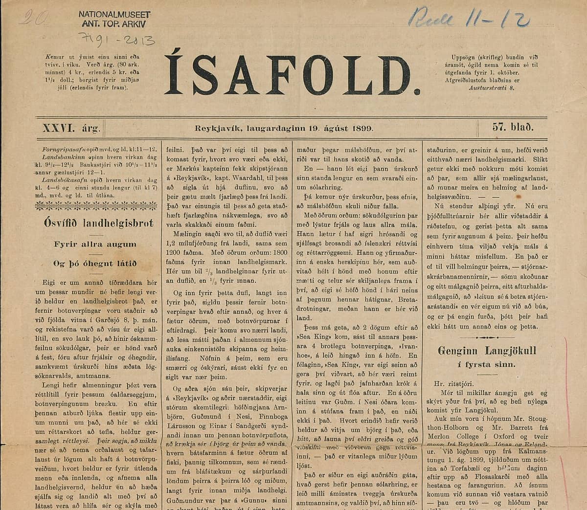 Front page of the newspaper Ísafold for 19 August 1899, a bold masthead over four narrow columns of small roman type
