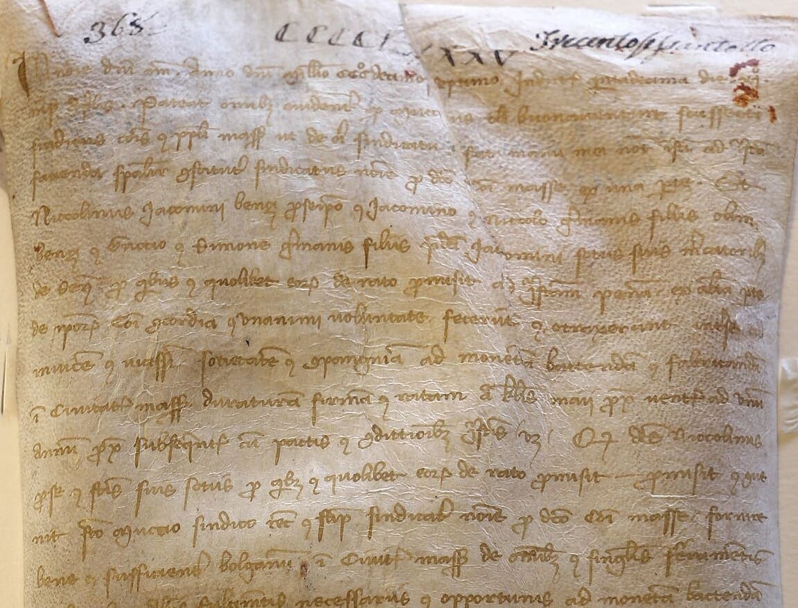 Upper part of a long narrow parchment of 1317, written in a small brown notarial cursive with heavily abbreviated Latin and no paragraph breaks