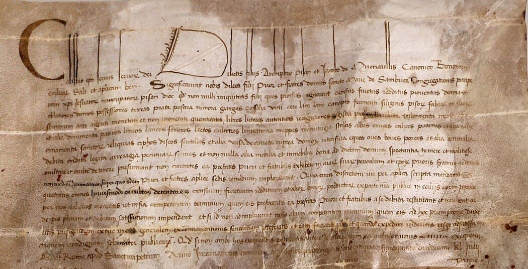 A wide parchment bull of 1455 with an elongated first line, fifteen lines of curial minuscule and a signature at the lower right
