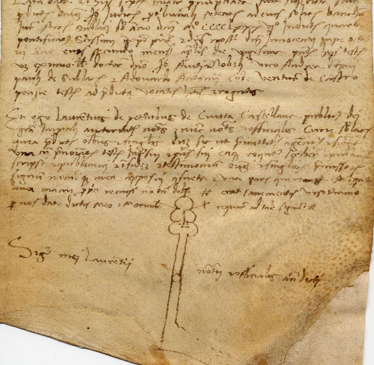 Lower part of a tall parchment of 1490 showing the closing paragraphs of a notarial instrument and a tall pen-drawn notarial sign in the blank space beneath