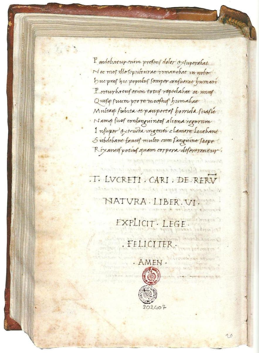 The last page of a Lucretius manuscript: ten verses in a small sloping humanistic cursive above an explicit set out in five widely spaced lines of Roman capitals, with two library stamps below