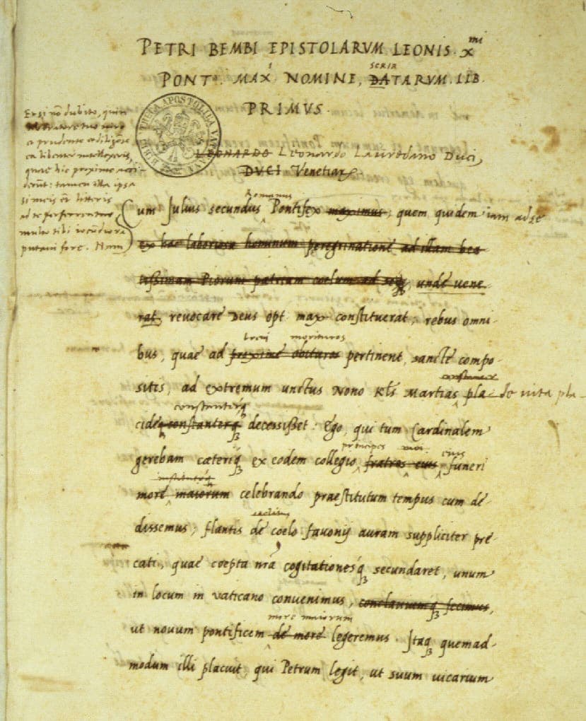 A working draft in widely spaced humanistic cursive, with a title in capitals, deleted lines struck through and corrections written above the line and in the margin