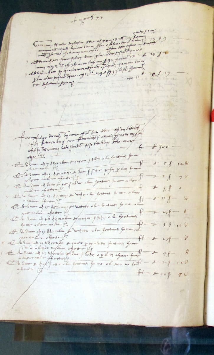 Left-hand page of a fifteenth-century Prato ledger: two ruled accounts of dated entries in mercantesca, sums in Arabic figures ranged in columns at the right, and a diagonal stroke drawn across the settled block