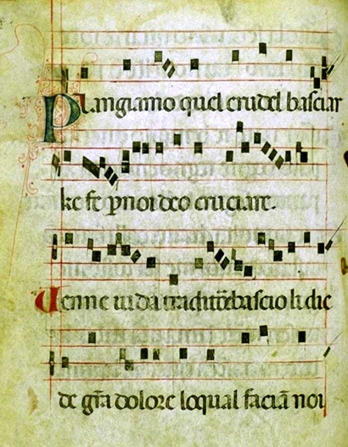 Folio 46v of the Laudario di Cortona: four lines of Italian text in rounded Gothic textualis beneath red four-line staves with square musical notation, with a blue initial P