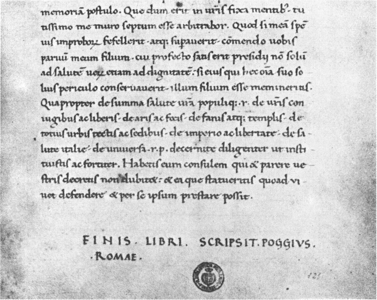 A page of rounded humanistic minuscule ending a manuscript of Cicero, with a scribe’s signed colophon below the text