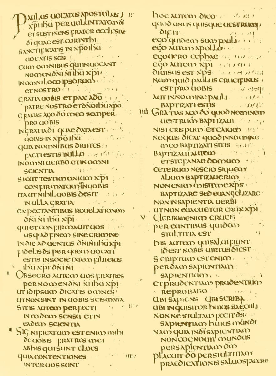 Two-column uncial page from the Codex Amiatinus giving the opening of the First Letter to the Corinthians