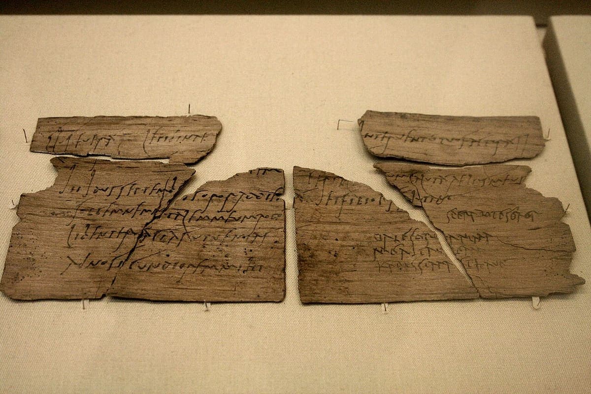 Wooden writing tablet from Vindolanda, its two leaves broken into fragments and pinned side by side, the text in Old Roman Cursive, displayed at the British Museum
