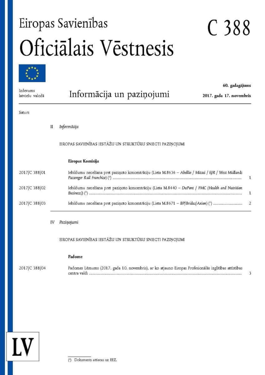 Cover and table of contents of the Latvian edition of the EU Official Journal, C 388, with the European Union flag and a contents list of notices