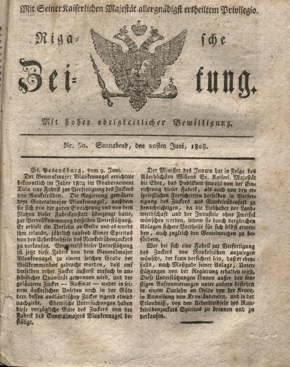 Front page of the German-language Rigasche Zeitung of 20 June 1808, an imperial double-headed eagle set into the middle of the masthead and two columns of small Fraktur type