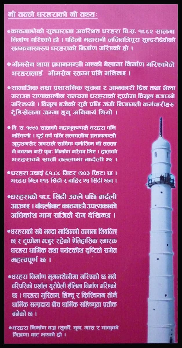 Tall pink information board with nine bulleted paragraphs of Devanagari text beside an illustration of the Dharahara tower