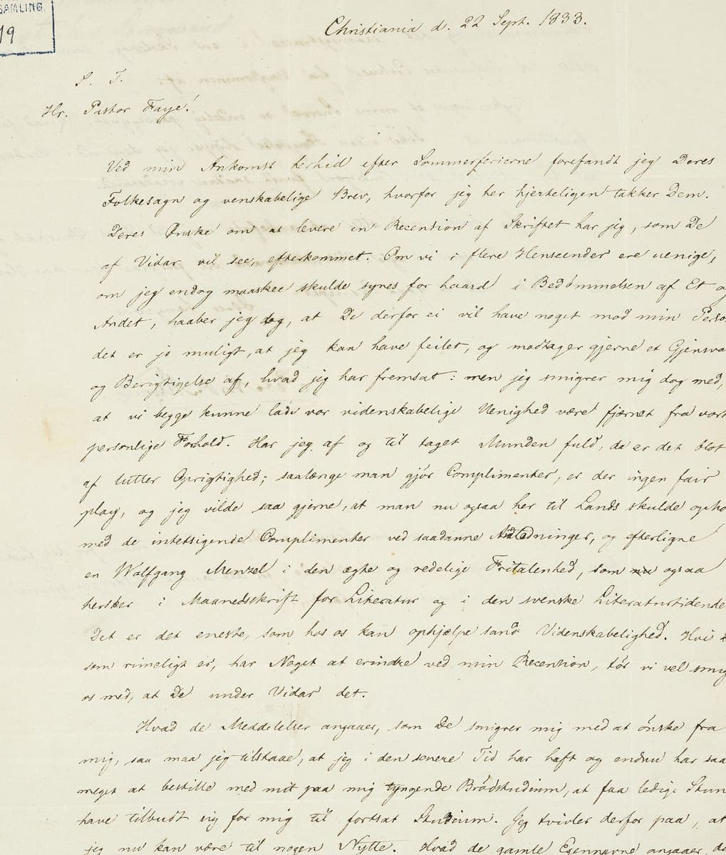Recto of a folded 1833 letter in fine cursive Danish-Norwegian, a dateline at the top right and several close-set paragraphs below