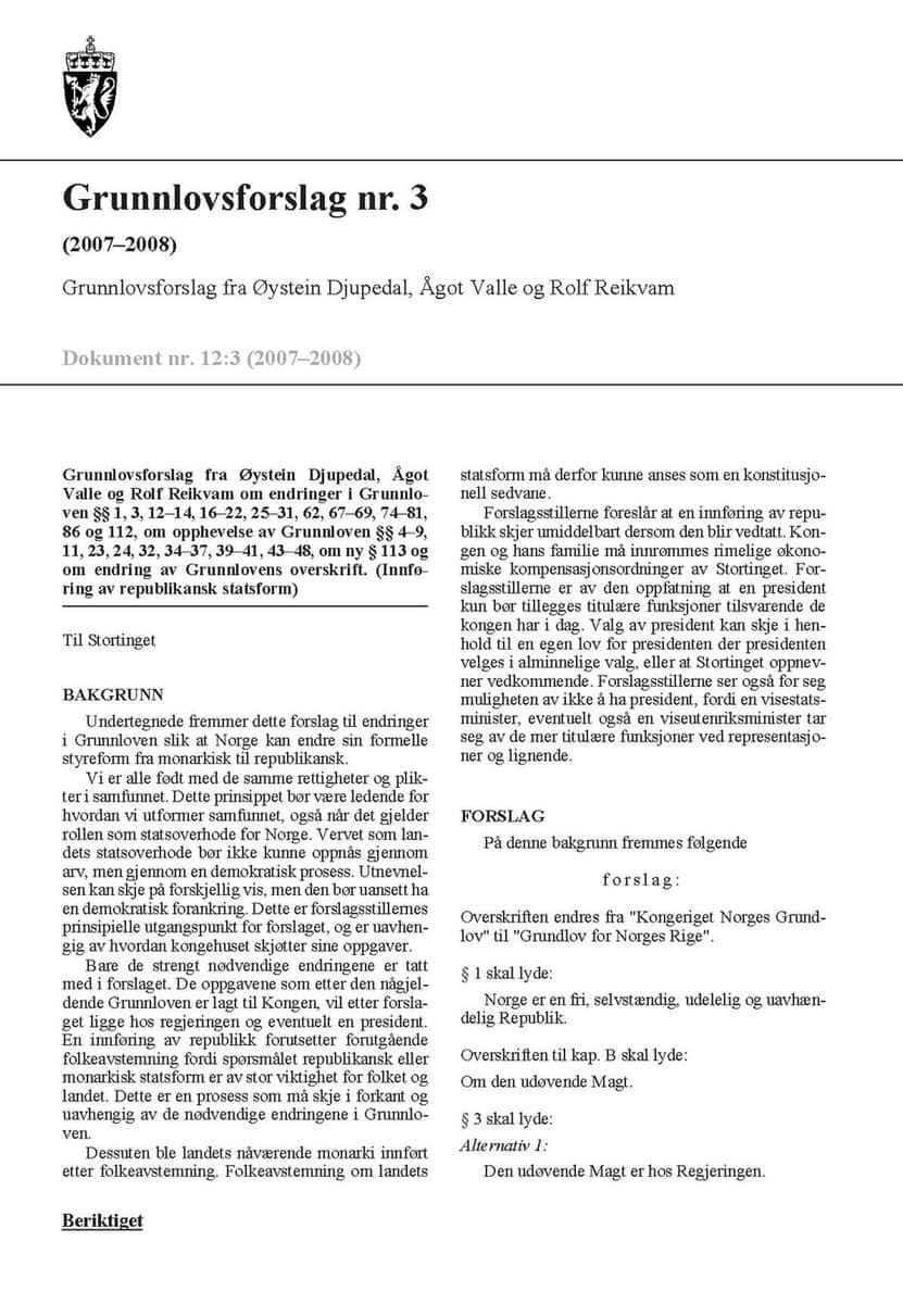 First page of a 2008 Norwegian parliamentary constitutional proposal, royal coat of arms above the title and two columns of Bokmål body text below