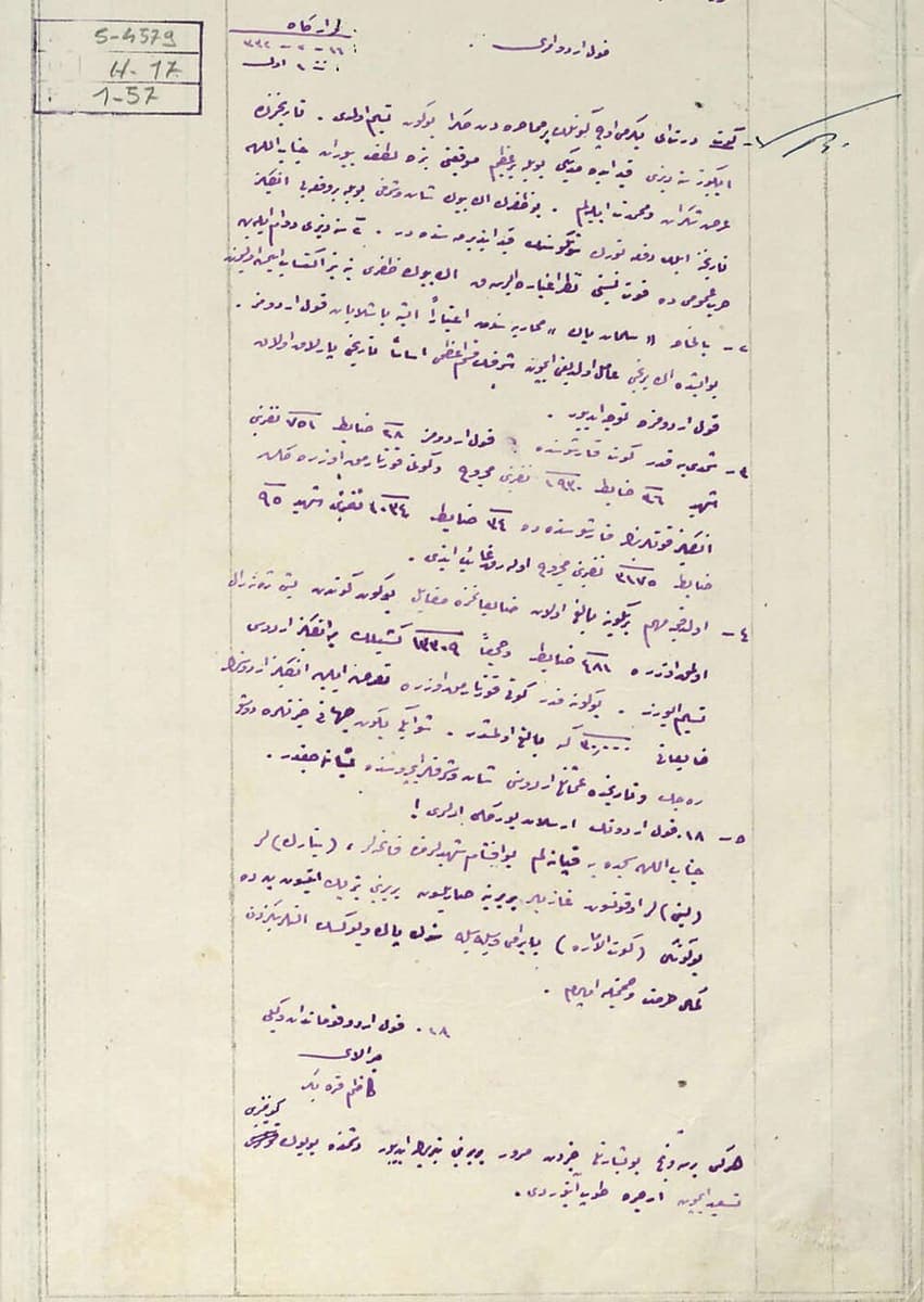 Handwritten Ottoman order on ruled paper in a flat cursive hand, numbered in five sections, with casualty figures in Arabic-Indic numerals and archive reference stamps at the top left