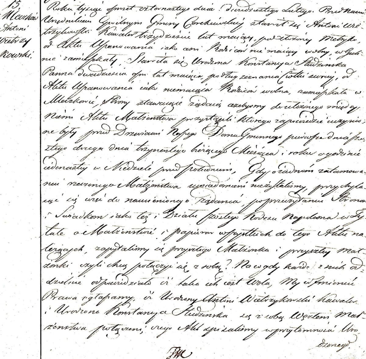 Handwritten Polish marriage act of 1814 filling a page, with the act number and surnames in the left margin, the text running unbroken to the foot of the page