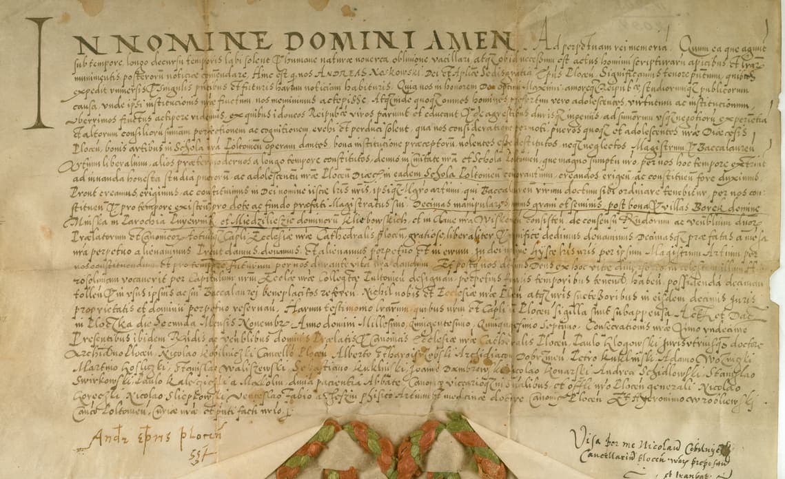 Episcopal charter of 1557 headed IN NOMINE DOMINI AMEN in humanistic capitals, with an even italic body, a bishop’s signature at the lower left and a chancellor’s note at the lower right