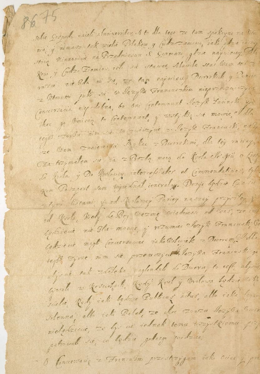 A worn paper leaf covered in widely spaced lines of a sloping seventeenth-century cursive, an old page number at the top left and three horizontal fold creases across it