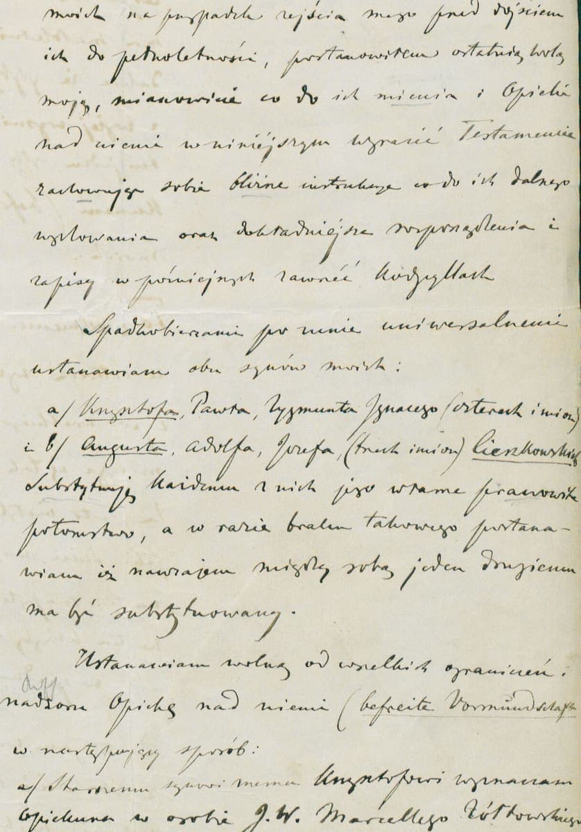 Page of a handwritten Polish will of 1864 in a sloping Latin cursive, with a German phrase written in Gothic letters in the middle of a line