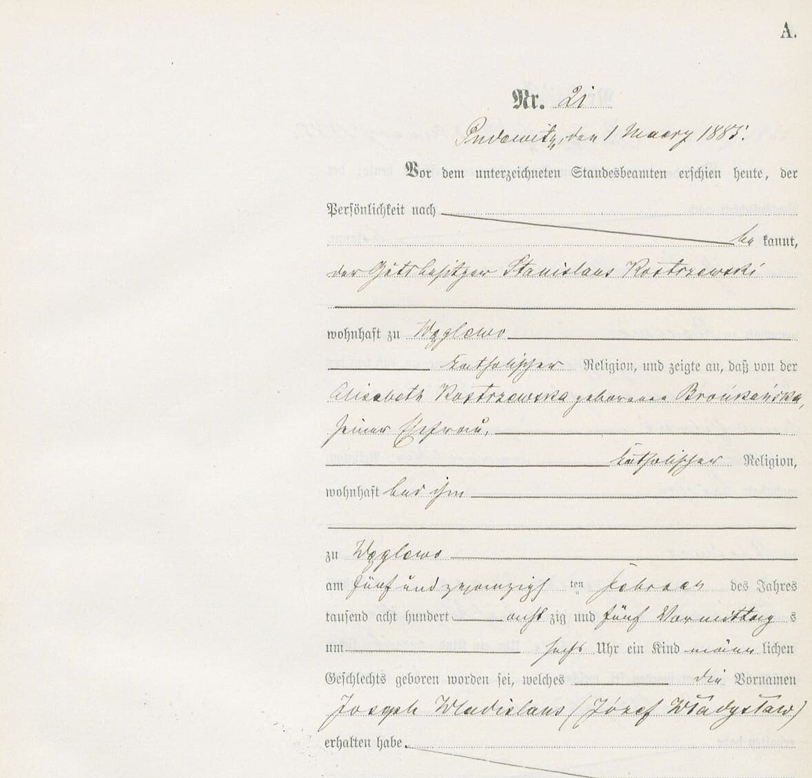 Prussian civil register page printed in Fraktur with the blanks filled in Kurrent, ending with two forenames repeated in Latin script inside brackets