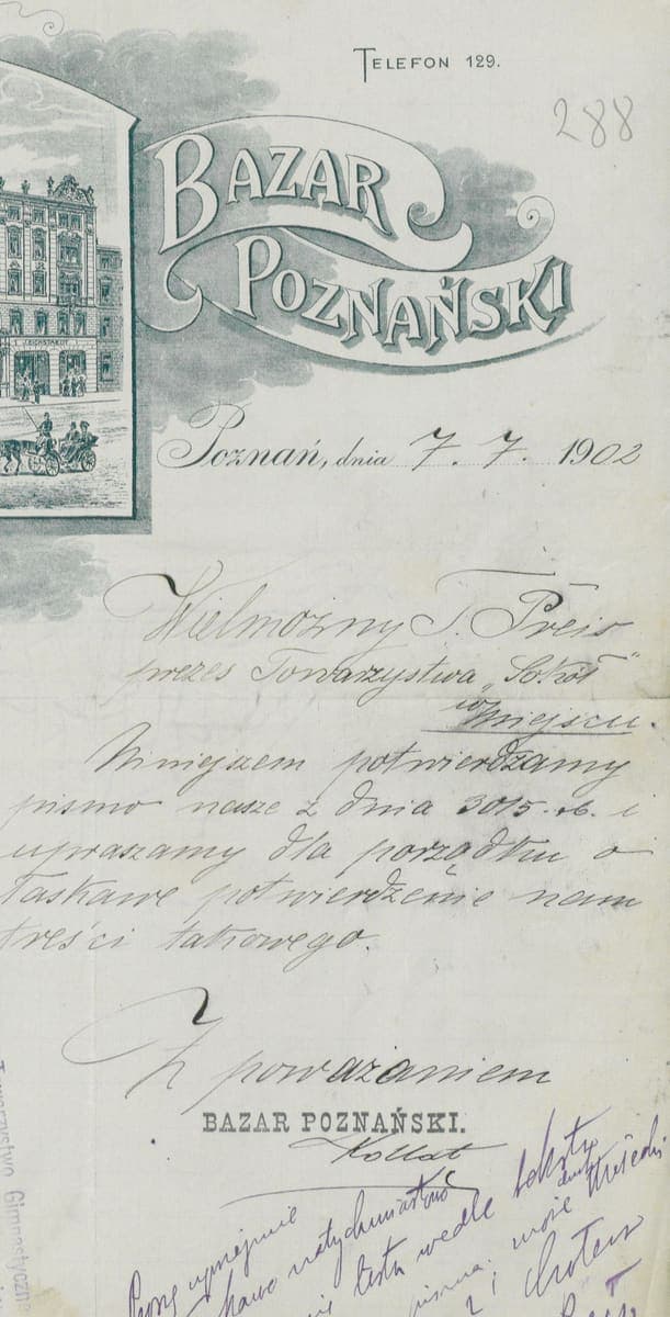 Illustrated Polish hotel letterhead of 1902 with a handwritten letter below it and a second note written diagonally across the lower corner