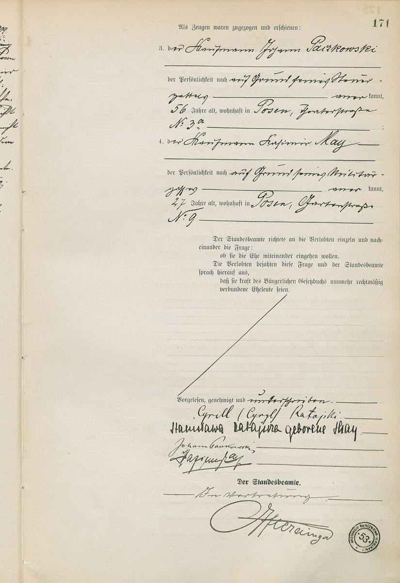Right-hand page of a marriage register opening, with two witnesses described in Kurrent above a block of signatures in Latin script