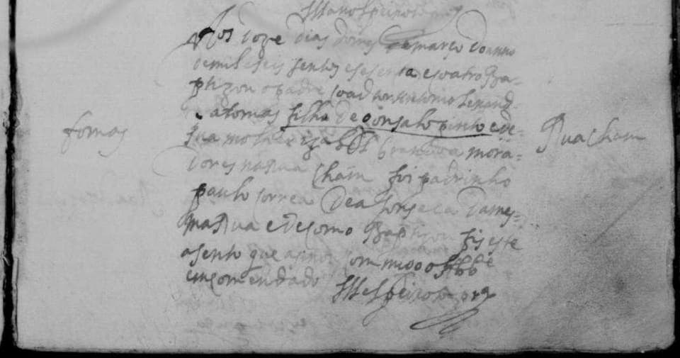 A single faded baptism entry of 1664 in a looped hand, with the child’s name written in the left margin