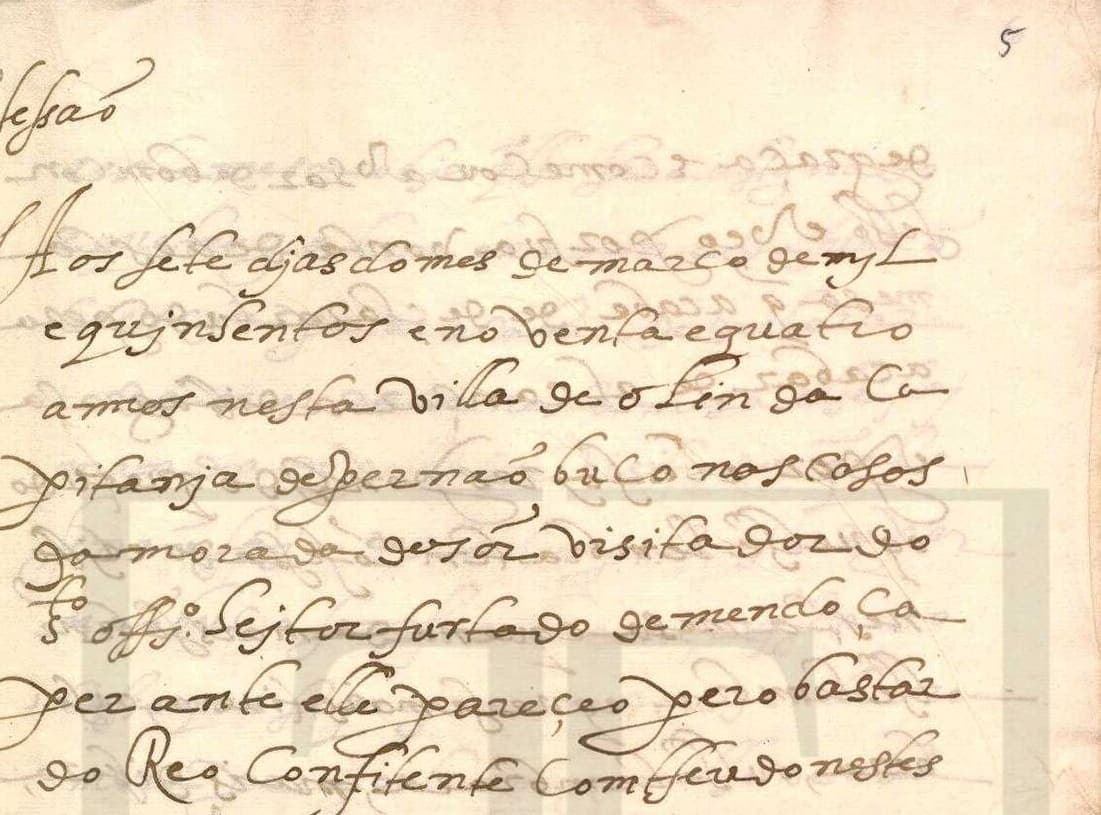 Upper part of a 1594 hearing record in a sloping chained hand, the heading Sessão at the top left and show-through from the previous page