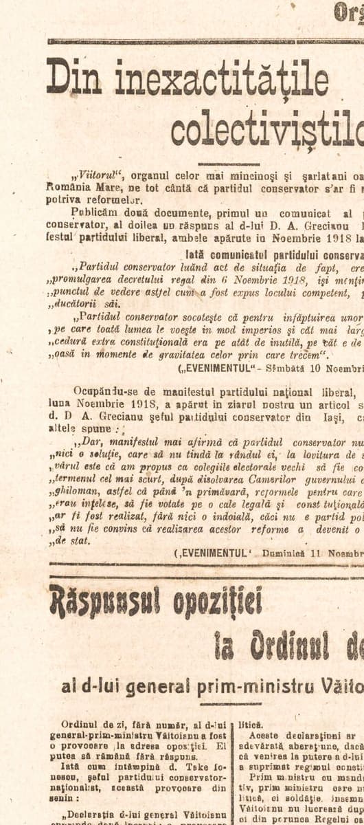 Left-hand side of a front page of the Iași newspaper Evenimentul from October 1919, dense Latin-script Romanian print with ș and ț diacritics
