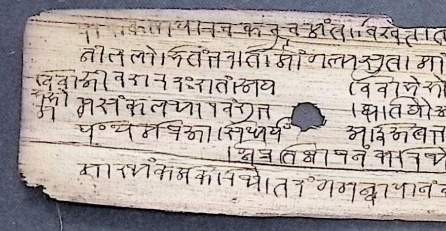 A pale palm leaf incised with seven lines of Nandinagari, broken away at one corner and pierced by a cord hole