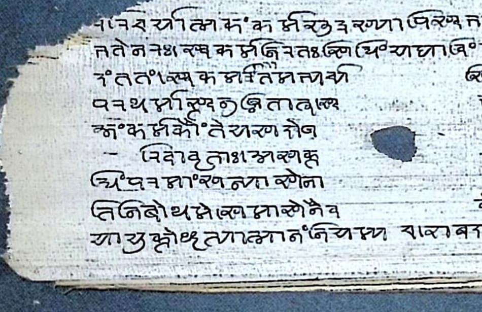 A palm leaf with lines of Nandinagari that stop short at different points partway across, leaving a ragged blank around the cord hole