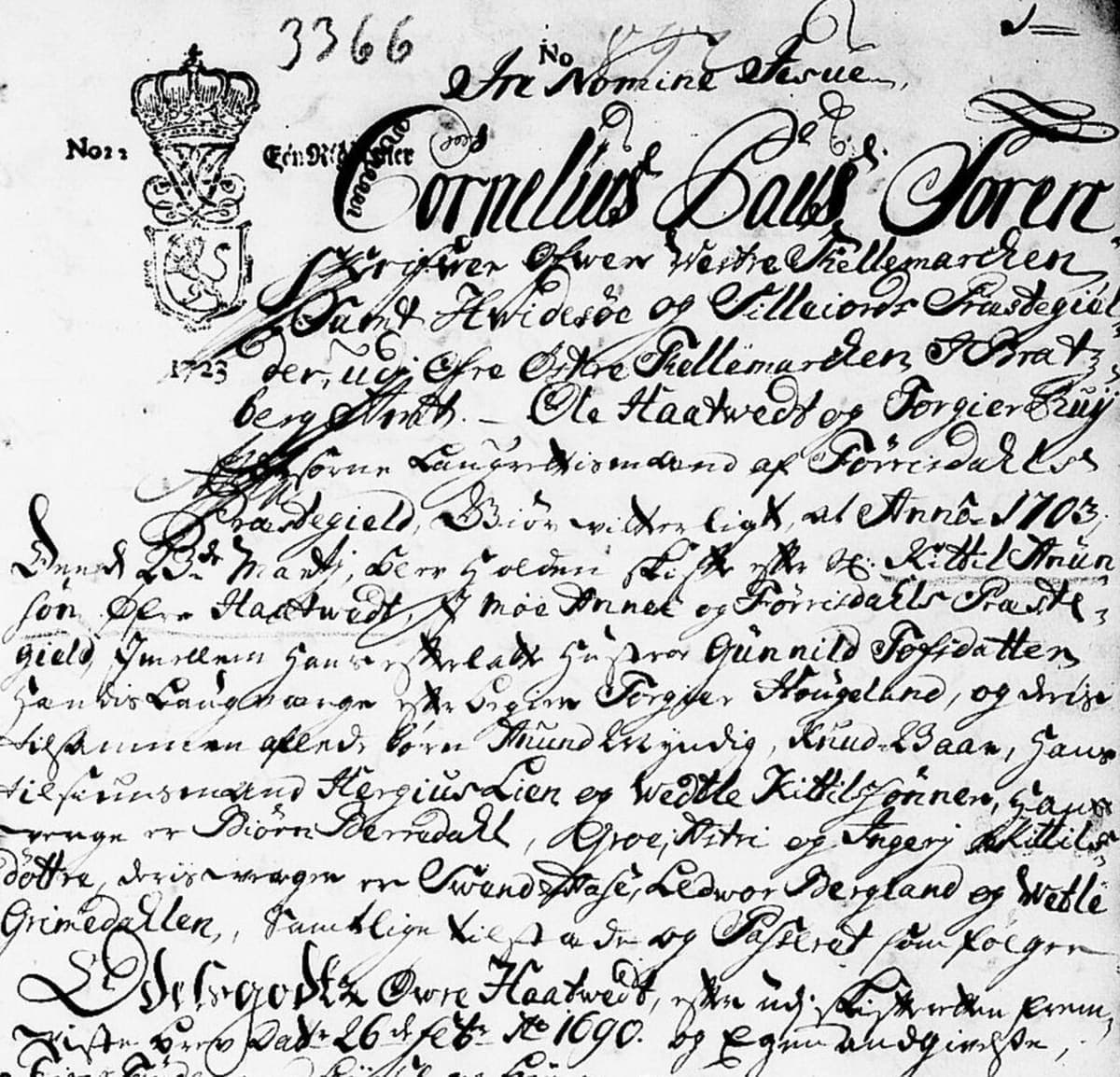 Opening page of a probate protocol of 1703 with a crowned stamp mark at the top left and the judge’s name written in enormous flourished Gothic capitals