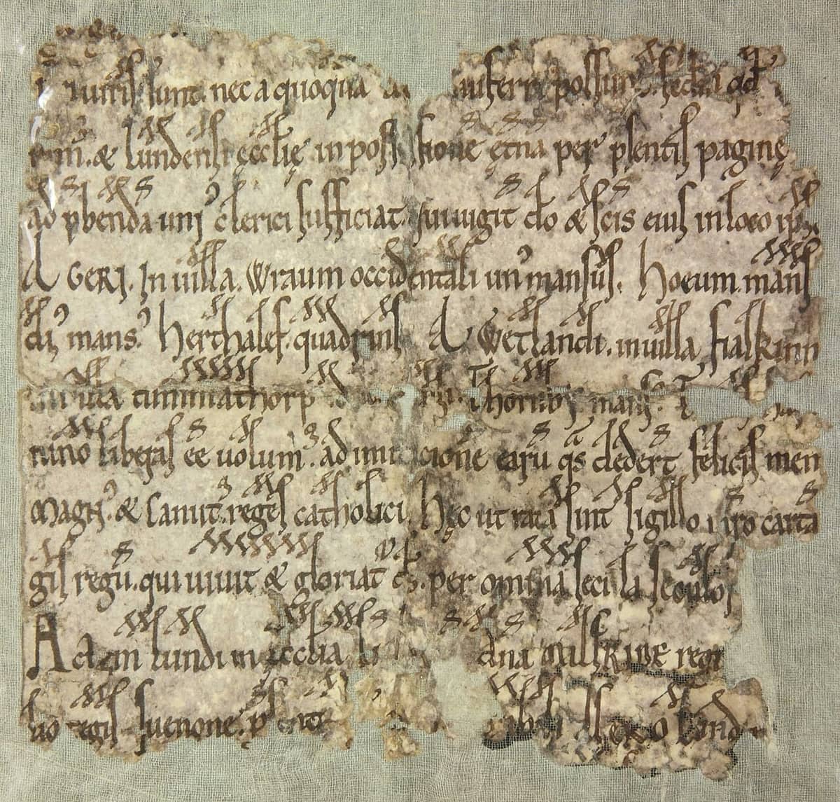 Damaged parchment fragment of a Latin charter of 1135 in an early Gothic documentary script, its centre lost and the sheet mounted on gauze