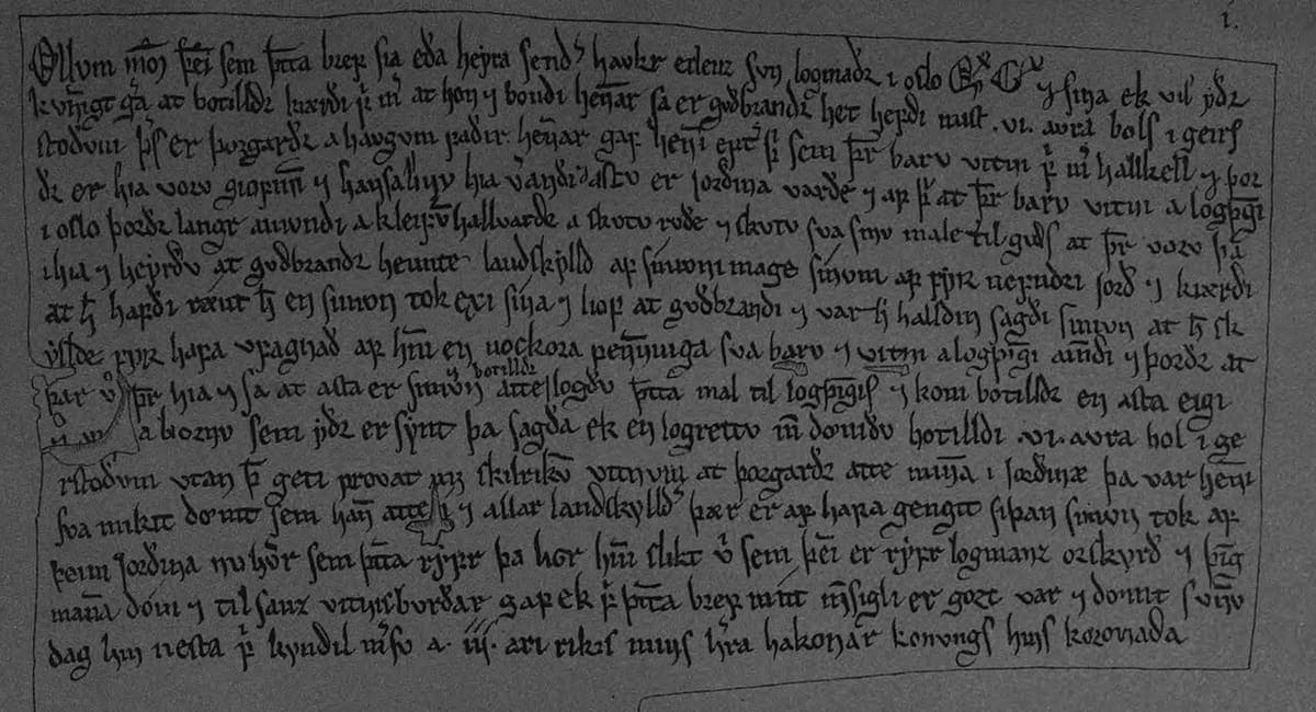 Lithographed facsimile of a Norwegian charter of 1302, fifteen lines of Old Norse cursive above a folded seal tag