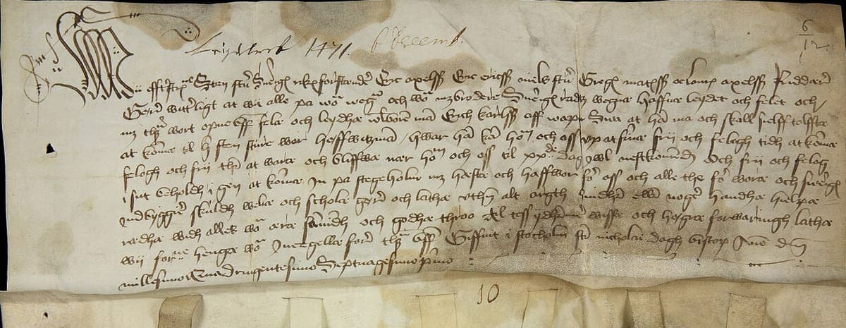Wide parchment charter of 1471 with about ten lines of late medieval Swedish cursive under a flourished opening initial