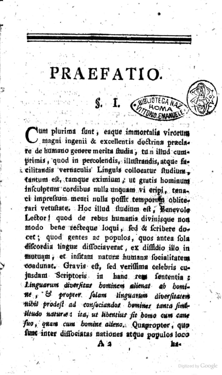 Eighteenth-century printed page headed PRAEFATIO in Latin, dense roman type below an oval library stamp reading Biblioteca Naz. Roma Vittorio Emanuele