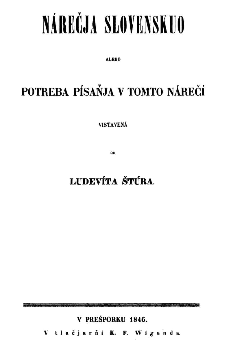 Title page reading NÁREČJA SLOVENSKUO with subtitle and imprint, in Ľudovít Štúr’s newly codified Slovak spelling