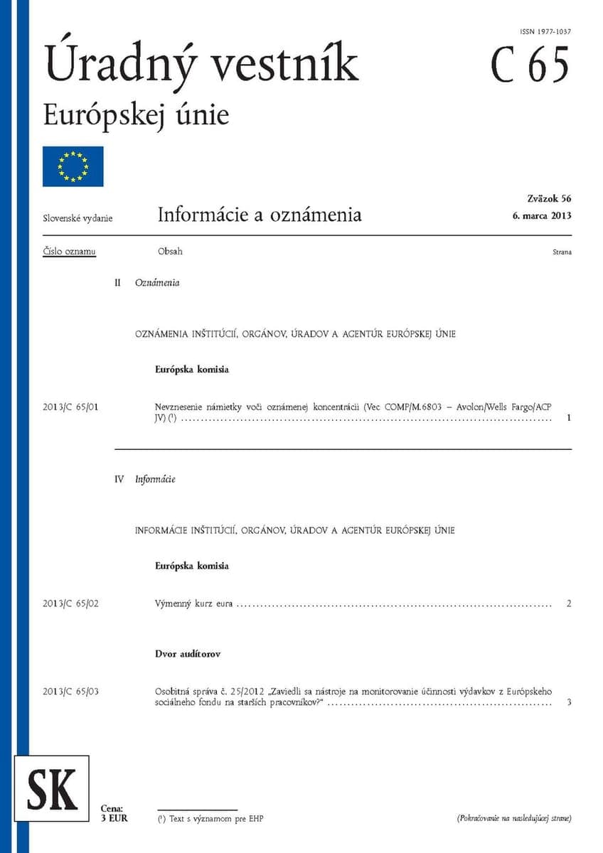 Modern official gazette cover page headed Úradný vestník Európskej únie with a table of contents in Slovak