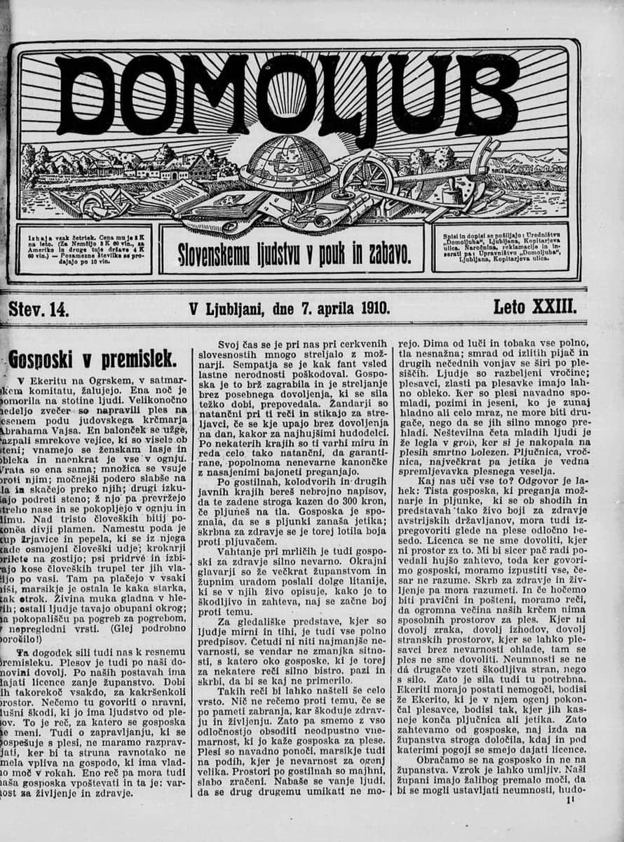 Front page of a 1910 Ljubljana newspaper with an illustrated masthead reading DOMOLJUB and dense Latin-script Slovene columns below