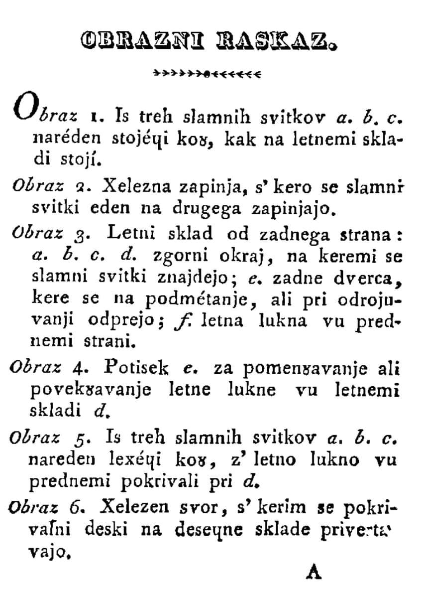 Book page headed OBRAZNI RASKAZ in outlined display capitals above six short numbered paragraphs of Slovene in an unfamiliar alphabet