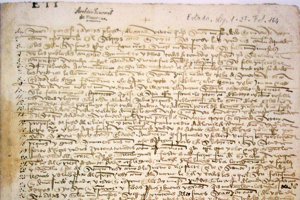 A paper folio filled with dense looped chancery writing, with line numbers pencilled down the left margin.
