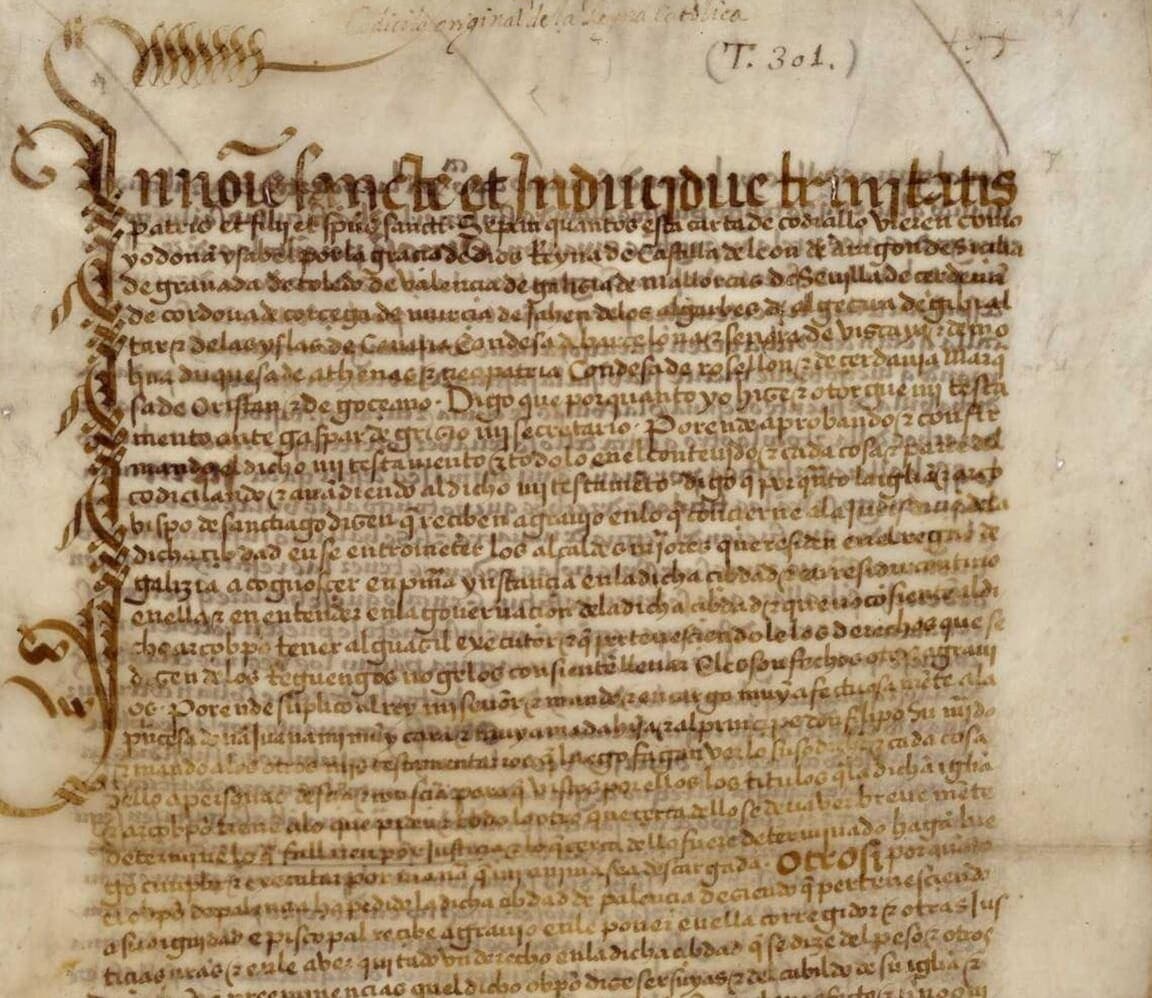 A parchment sheet headed by a line of tall decorated capitals above many lines of small chancery writing.