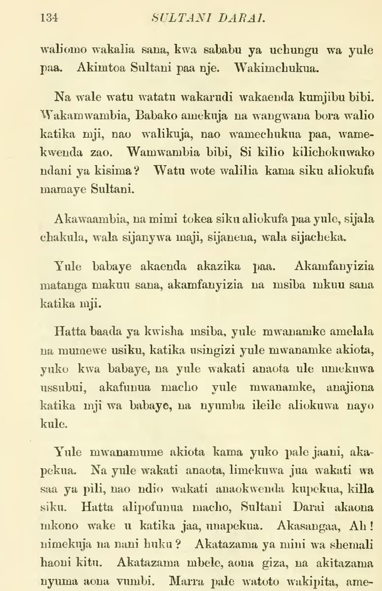 A yellowed letterpress book page with the page number 134 and an italic running head above six paragraphs of Latin-script Swahili prose, the last word broken by a hyphen at the foot