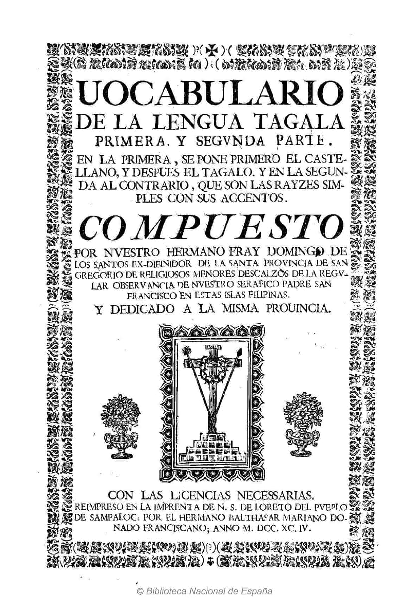 An ornately bordered Spanish title page reading UOCABULARIO DE LA LENGUA TAGALA, with a woodcut of an empty cross under a crown of thorns flanked by two urns of flowers