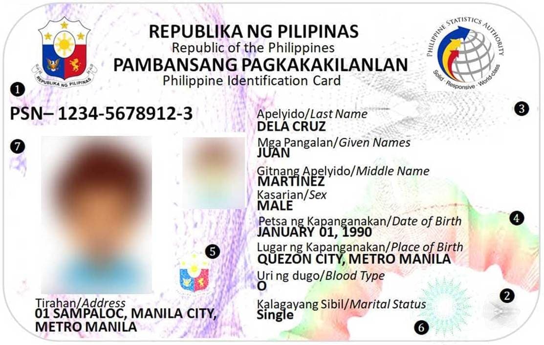 A specimen Philippine national identity card printed in Filipino above English, with fields for name, birth date and address and a blurred sample photograph