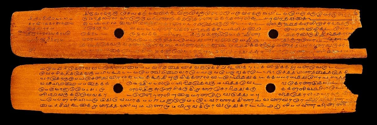 Two palm leaf strips of the Tevaram manuscript with Tamil script incised in horizontal lines and two binding holes visible in each leaf